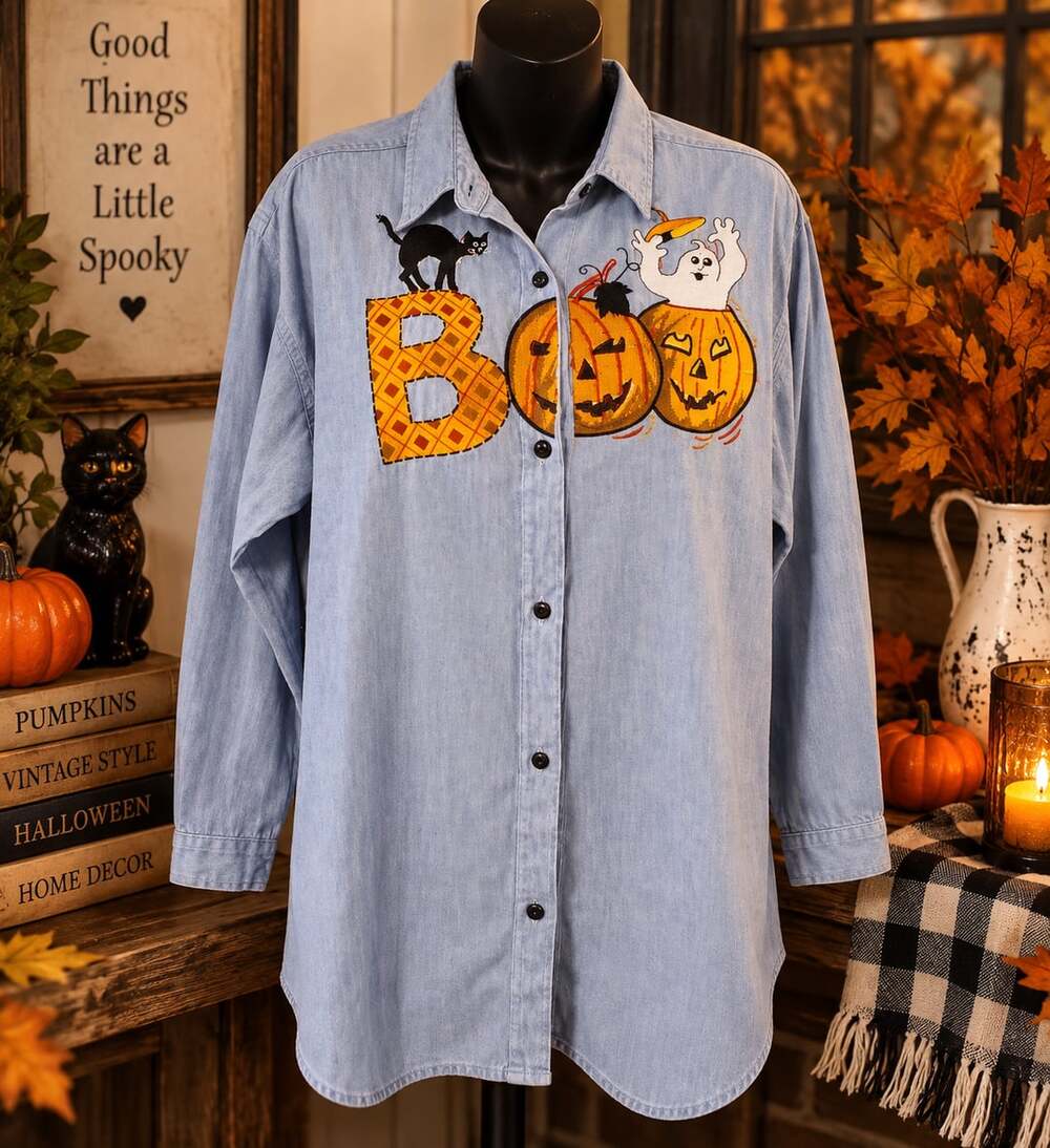 Embroidered BOO Button Down Blue Chambray Shirt Pumpkins Ghost Cat Halloween Vtg